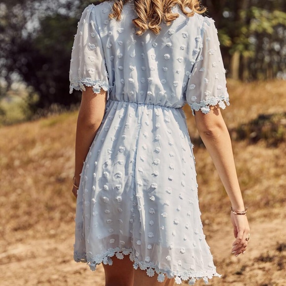 Boho lace Blue Swiss Dot V neck Sheer Sleeve Dress - Picture 4 of 5